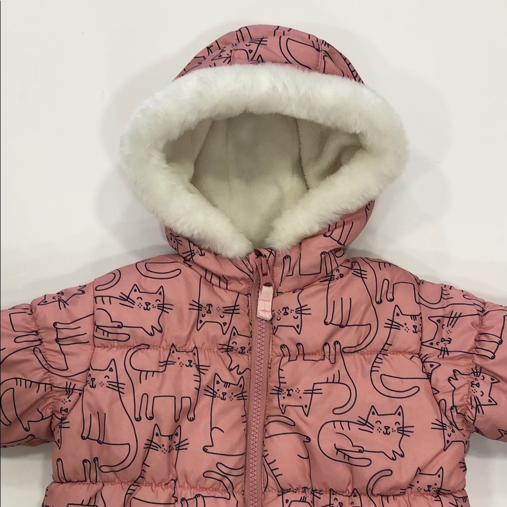Carter’s Baby Girl Pink Cat Print Puffer Snowsuit Bunting Bag 6-9 Months